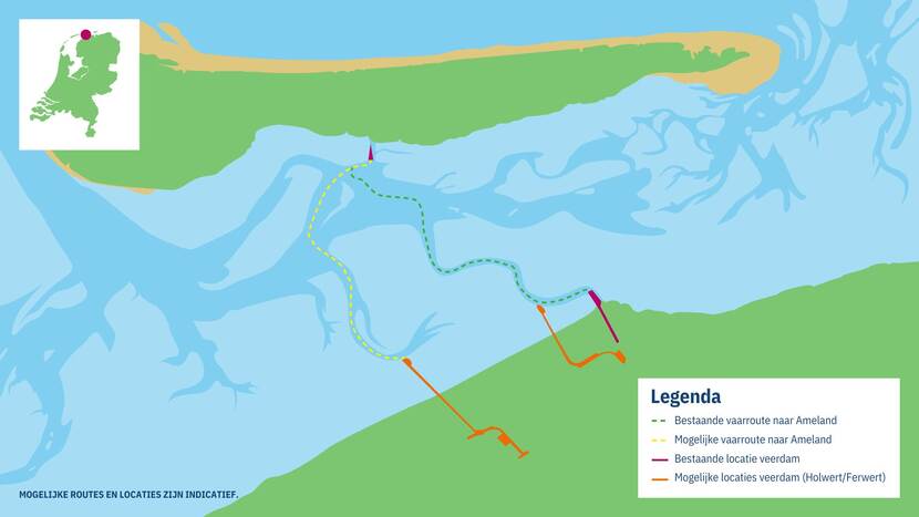 Kaartje met de huidige veerroute naar Ameland en mogelijke alternatieven